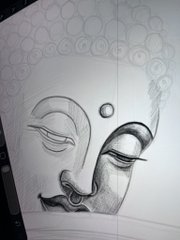 A black and white pencil sketch of a serene face with closed eyes and a bindi on the forehead, featuring decorative halo-like patterns above.