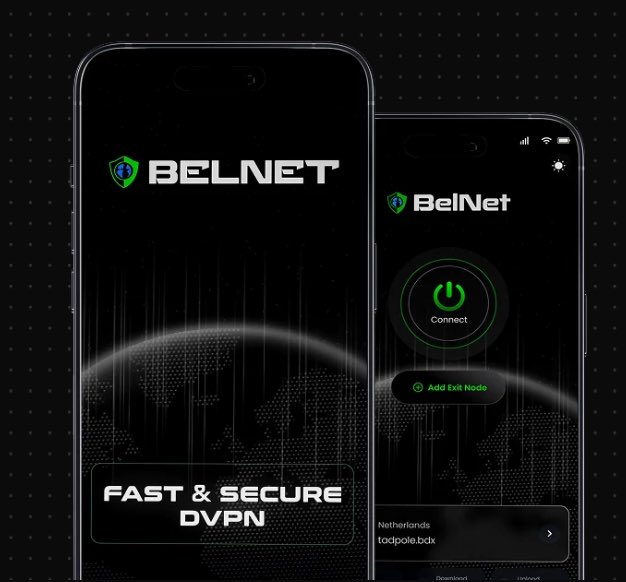 Mobile app advertisement for BelNet VPN displaying 'FAST & SECURE DVPN' on a smartphone mockup with a connect button.
