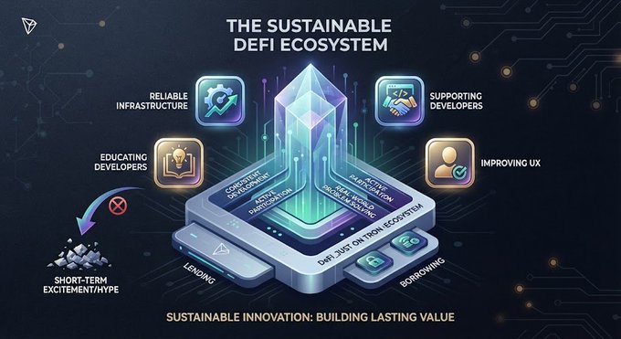 An infographic titled 'THE SUSTAINABLE DEFI ECOSYSTEM' showing a central glowing crystal structure connected to icons representing 'RELIABLE INFRASTRUCTURE', 'SUPPORTING DEVELOPERS', 'EDUCATING DEVELOPERS', and 'IMPROVING UX', with the subtitle 'SUSTAINABLE INNOVATION: BUILDING LASTING VALUE'.