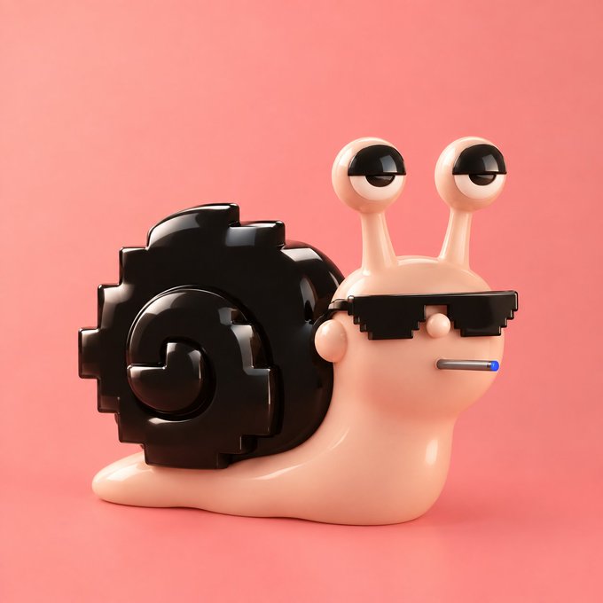 A 3D rendered cartoon snail with pixelated black sunglasses, a gear-shaped black shell, and a blue-tipped cigarette, set against a pink background.