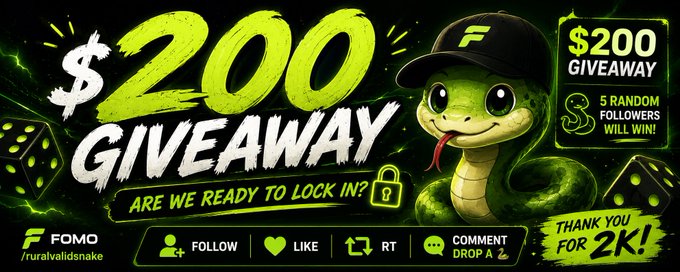 A green and black promotional graphic for a '$200 GIVEAWAY' by /ruralvalidsnake featuring a cartoon snake wearing a cap, with instructions to follow, like, retweet, and comment for a chance to win.