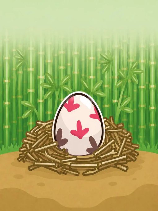 An illustrated Easter egg decorated with pink butterflies and brown spots sitting in a nest of twigs against a bamboo background.