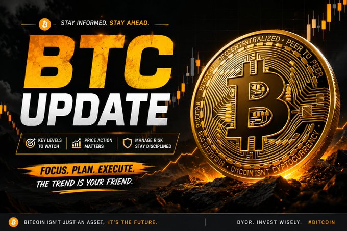 A promotional graphic for a "BTC Update" featuring a large golden Bitcoin coin against a fiery chart background, with the tagline "Stay Informed. Stay Ahead." and key points including "Key Levels to Watch," "Price Action Matters," and "Manage Risk, Stay Disciplined," ending with "Bitcoin isn't just an asset, it's the future."

The image visually reinforces the trading update's message of disciplined BTC trading, using bold warnings like "Manage Risk, Stay Disciplined" and "Focus. Plan. Execute. The Trend is Your Friend" to echo the post's emphasis on discipline, key levels, and capital protection over predictions.