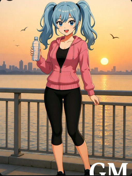An anime illustration of a girl with blue pigtails wearing a pink hoodie and black leggings, holding a water bottle by a waterfront railing at sunset, with the watermark 'GM' in the corner.