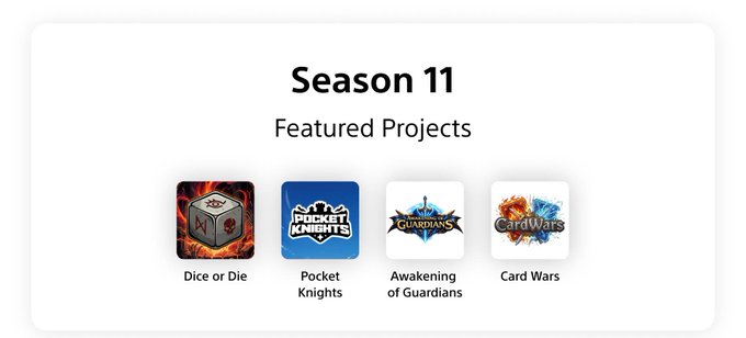 The image features a white background with black text that reads "Season 11 Featuring Projects" at the top, followed by four different logos for various games or apps. The first logo shows a game called "Dice or Die", while the second logo displays an app named "Pocket Kings". The third logo is for a game called "Card Wars", and the fourth logo represents a game called "Garden of Cards". These images are arranged in a square format, with each game's name displayed above its corresponding image.