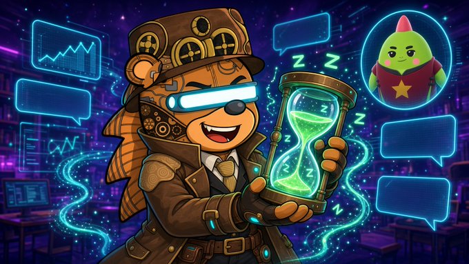 A cartoon illustration of a bear character wearing steampunk goggles and a top hat, holding an hourglass filled with glowing green sand, with a green star character in a speech bubble and neon chart displays in the background.