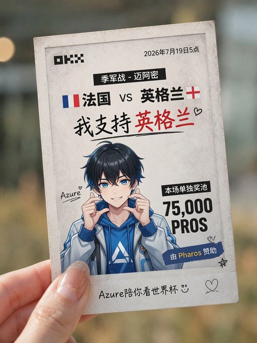 An AI-generated Polaroid-style photo card dated 2026年7月19日 featuring an anime character named Azure, referencing France vs England (法国 vs 英格兰) with 'I support England' (我支持英格兰) text and a 75,000 PROS prize pool sponsored by Pharos.