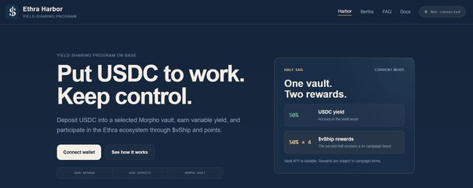 A website landing page for Ethra Harbor Yield-Sharing Program on Base, featuring the headline "Put USDC to work. Keep control." and details showing a half-sale vault offering 50% USDC yield and 50% SvShip rewards.