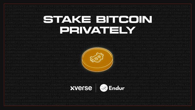 A promotional graphic with the text 'STAKE BITCOIN PRIVATELY' over a background of code, featuring xverse and Endur logos with a Bitcoin handshake icon.