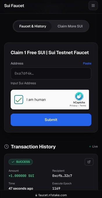 A screenshot of the Sui Testnet Faucet at faucet.n1stake.com, showing a "Claim 1 Free SUI" form with an address field, hCaptcha verification, and a transaction history entry confirming a successful +1.000000 SUI claim to address 0xcfb...32c7 at execute epoch 1169.