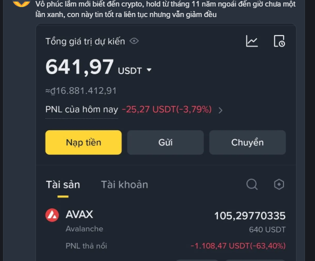 The image features a black screen displaying financial information about an account named "AVAX". It shows that the account has been experiencing a continuous drop in value from November 2015 until now, with negative returns each day. Despite positive updates over this period of time, the price remains consistently low for both the US Dollar (USD) and the Thai Baht (THB). This information emphasizes the challenges faced by those who have invested in this account or been affected by its fluctuations.