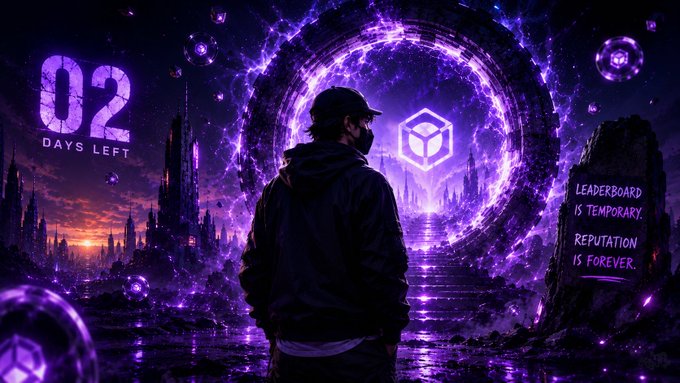 A hooded figure stands before a glowing purple portal with a cube emblem, overlooking a futuristic cityscape, while a large stone displays "LEADERBOARD IS TEMPORARY, REPUTATION IS FOREVER" and a countdown reads "02 DAYS LEFT." The visual mirrors the post's message that Nucleus S2's leaderboard finale is near, but the lasting reputation earned from building is what truly matters.
