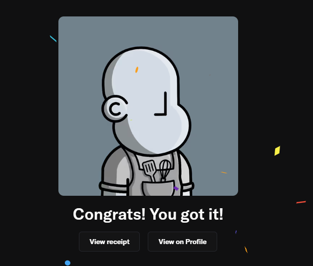 A cartoon gray character holding kitchen utensils is displayed above the text "Congrats! You got it!" with "View receipt" and "View on Profile" buttons. The image appears to be a confirmation screen celebrating the user's first NPC item on Chain, aligning with their post about finally purchasing an NFT and dismissing fears of it going to zero.