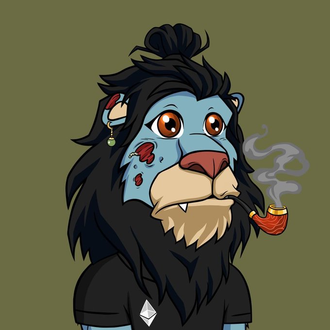 A cartoon illustration of a blue-skinned anthropomorphic character with black hair, a beard, and facial scars, wearing a black t-shirt and smoking a pipe against a solid olive-green background.