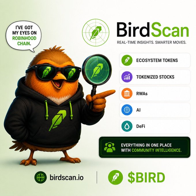 A BirdScan promotional graphic featuring a cartoon bird in sunglasses holding a magnifying glass, advertising Ecosystem Tokens, Tokenized Stocks, RWAs, AI, and DeFi with the token '$BIRD' and website 'birdscan.io'.