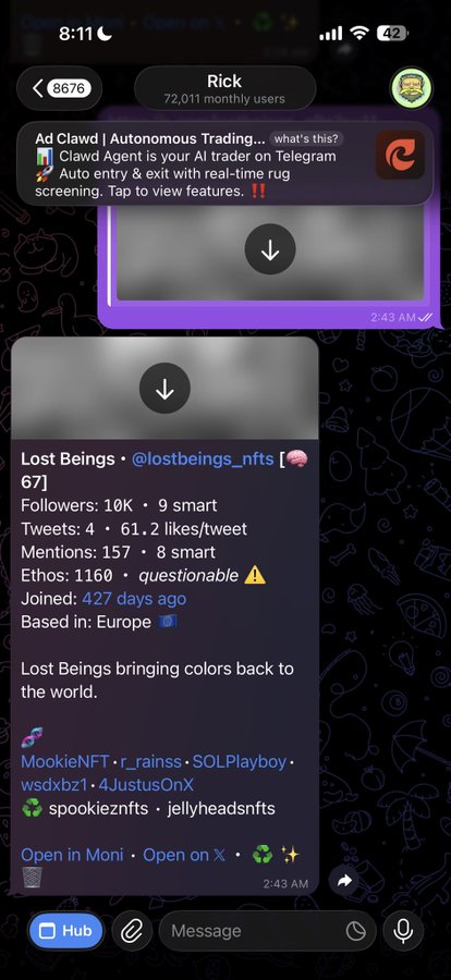 A screenshot of a Telegram chat in the "Rick" group (72,011 monthly users) shows a profile card for the account "Lost Beings" (@lostbeings_nfts) with 10K followers, 4 tweets, and a Twitter score of 1160 marked as "questionable," aligning with the accompanying scammer alert warning users to avoid this recycled rug-pulling NFT project.