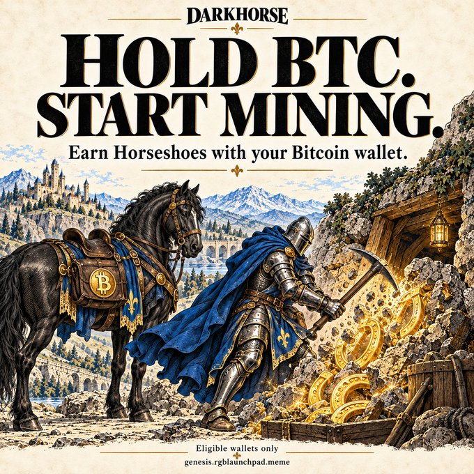 A promotional poster reading 'DARKHORSE HOLD BTC. START MINING. Earn Horseshoes with your Bitcoin wallet' depicting a knight in medieval armor mining gold coins next to a black horse with a Bitcoin saddle, with text 'Eligible wallets only' and 'genesis.rgblaunchpad.meme'.