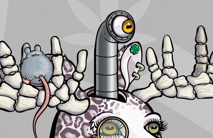 A colorful illustration featuring a mechanical periscope-like device with an eye emerging from stone teeth, alongside a rat with an arrow through it and a cat-like creature with large eyes at the bottom.