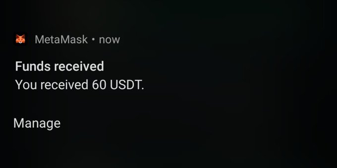 A MetaMask notification on a dark background reading 'Funds received' with the message 'You received 60 USDT.' and a 'Manage' option below.