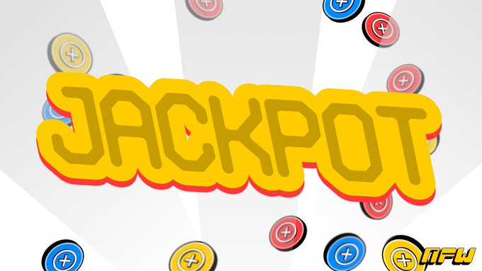 The image displays bold yellow "JACKPOT" text surrounded by colorful coin tokens, serving as a vibrant visual for @nfwdotfun's pack-opening game where odds determine whether cheap or expensive pieces emerge first, turning each reveal into a suspenseful on-chain experience.