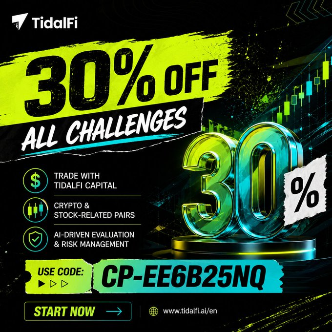 A promotional advertisement for TidalFi offers '30% OFF ALL CHALLENGES' with promo code 'CP-EE6B25NQ' and features about trading with capital, crypto & stock pairs, and AI-driven risk management.