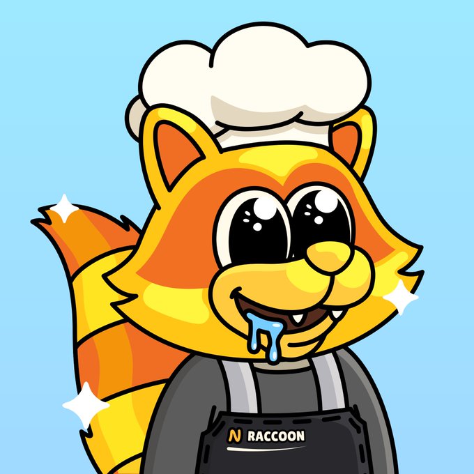 A cartoon orange and yellow raccoon wearing a white chef's hat and a black apron with 'N RACCOON' printed on it drools blue liquid from its mouth.