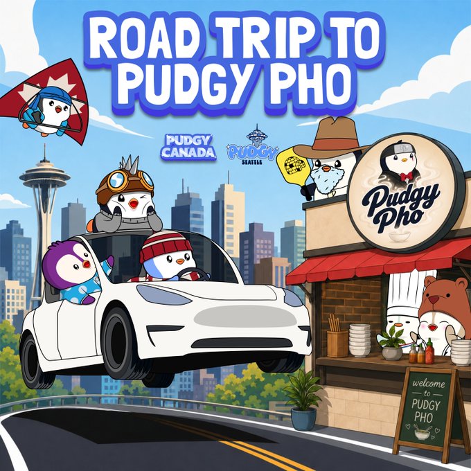 Cartoon illustration titled 'ROAD TRIP TO PUDGY PHO' featuring Pudgy Penguins characters driving a car past a 'Pudgy Pho' restaurant, with logos for 'PUDGY CANADA' and 'PUDGY SEATTLE' visible.
