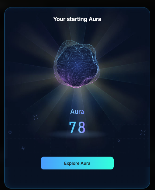 A dark-themed digital interface titled 'Your starting Aura' showing a 3D wireframe mesh shape with light rays radiating behind it, displaying the number 78 and an 'Explore Aura' button.