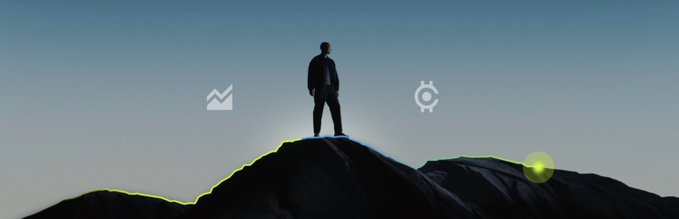 A silhouetted figure stands triumphantly atop a mountain peak against a gradient sky, flanked by two minimalist icons—a checkmark on the left and a gear-like symbol on the right—evoking themes of achievement and cryptocurrency dynamics. The image symbolizes the volatile journey of the $WALLET token, which saw its market cap plummet from $5M to $2.2M following a hack on Vlad Tenev's account, with the figure representing both the rise and the uncertainty of the project 15 days into its existence.