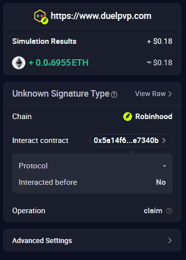 A screenshot of a cryptocurrency transaction simulation for https://www.duelpvp.com showing Simulation Results of + 0.6955 ETH (~$0.18) on the Robinhood chain, with the operation labeled as 'claim'.
