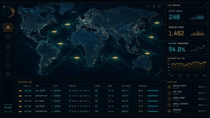 A global vessel tracking dashboard with live overview showing 248 active signals, 1,482 verified events, 94.8% network confidence, displaying a world map with ship icons and a live vessel feed listing cargo and container ships.