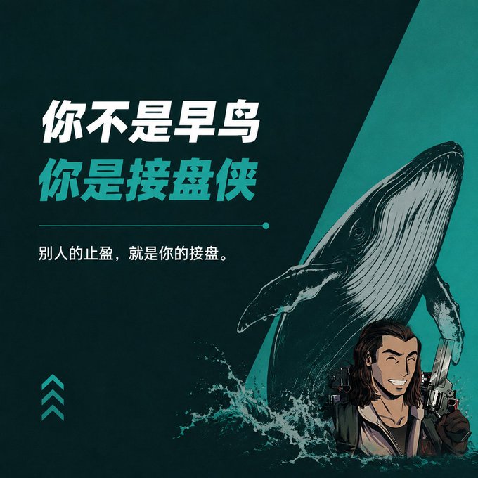 An illustration featuring a large whale breaching out of the water next to a smiling character holding a gun, with Chinese text reading '你不是早鸟 你是接盘侠' (You are not an early bird, you are a bag-holder) and '别人的止盈，就是你的接盘。' (Others' profit-taking is your bag-holding).