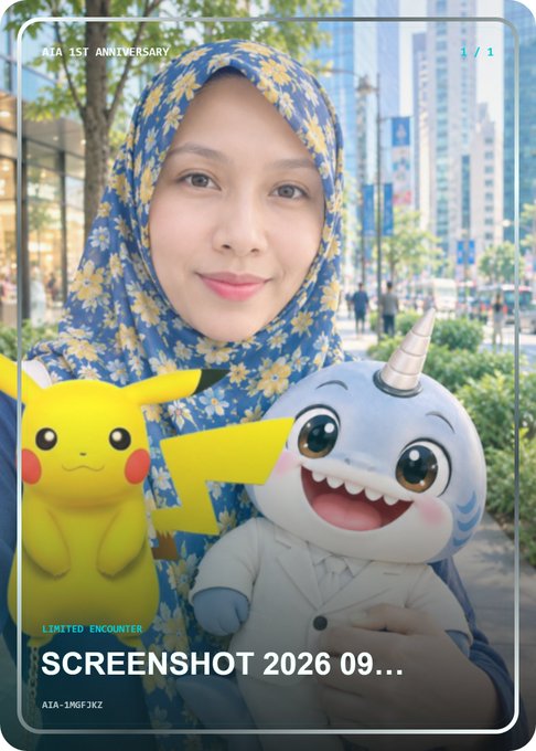 A woman wearing a blue floral hijab takes a selfie with Pikachu and a narwhal-like character plush toy on a city street, with text reading 'AIA 1ST ANNIVERSARY', '1/1', 'LIMITED ENCOUNTER', and 'SCREENSHOT 2026 09...'.