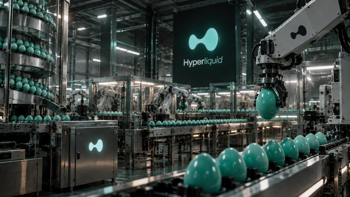 A factory scene showing robotic arms handling teal-colored eggs on a conveyor belt, with a 'Hyperliquid' logo banner hanging in the background.