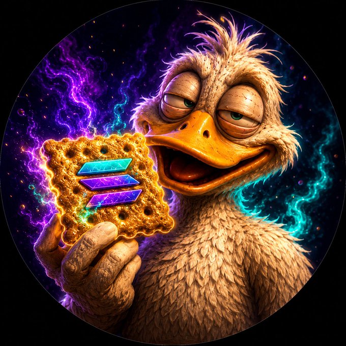 The image features a cartoon duck holding a cookie with a smiley face, surrounded by colorful lights that create an otherworldly atmosphere. The caption of the image reads "They told me to stop buying meme coins. I listened. For almost 7 minutes. #QUACK #Solana #Memecoin".
