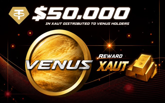 A promotional graphic showing '$50,000 IN XAUT DISTRIBUTED TO VENUS HOLDERS' with a gold Venus logo and XAUT reward bars.
