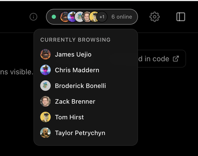 A screenshot showing a dropdown menu of users currently browsing a shared document, listing James Uejio, Chris Maddern, Broderick Bonelli, Zack Brenner, Tom Hirst, and Taylor Petrychyn, with a header indicating 6 online.