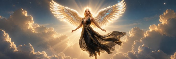 The image depicts a radiant angelic woman with large white wings, wearing an elegant black and gold gown, floating amid golden clouds with sunlight streaming from behind her, symbolizing the "Black Goddess" meme referenced in the post. The accompanying text humorously complains that despite her divine appearance, she's notoriously slow at dropping her wallet, sharing the Solana address "EZgHTqHKAYE3HLJM7ZFBLW19BgcDXZC5Ry11gmTxDJsf" for the $BlackBull token.
