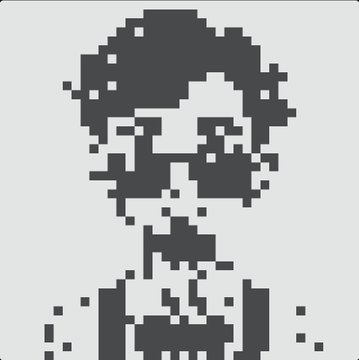 A minimalist pixel art portrait in shades of grey depicting a figure with curly hair and facial features.