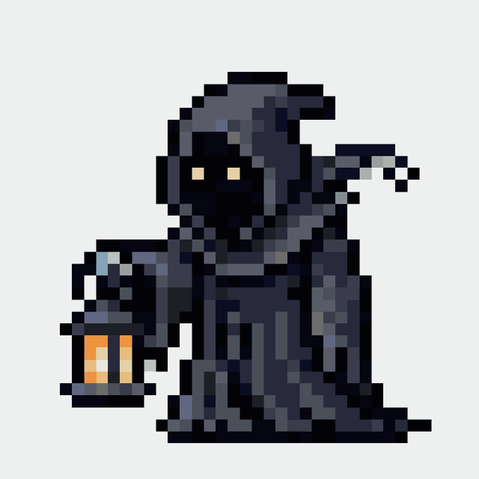 A pixel art illustration of a hooded grim reaper figure holding a glowing jack-o'-lantern lantern