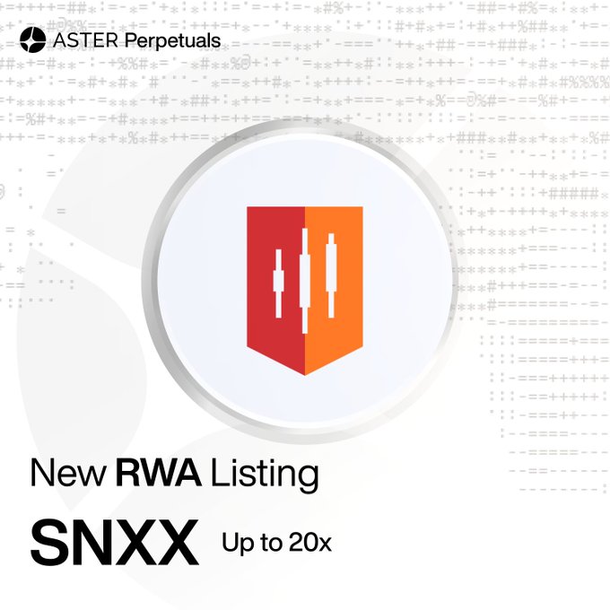 Promotional graphic from ASTER Perpetuals announcing a new RWA listing for $SNXX with leverage up to 20x, featuring the company's orange logo centered on a white circular badge over a faint symbol-patterned background.