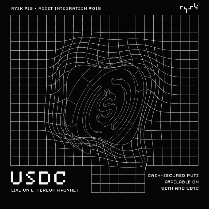 The image is a dark promotional graphic for "RYSK V12 / ASSET INTEGRATION #018," featuring a distorted grid with a central fingerprint-like design encircling a dollar sign, advertising USDC cash-secured puts live on Ethereum mainnet for WETH and WBTC.