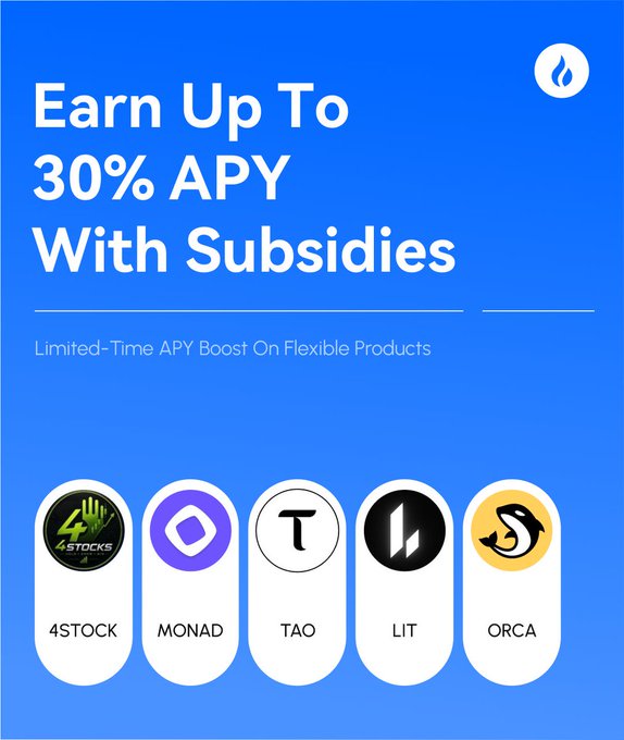 A promotional graphic featuring a blue background advertises "Earn Up To 30% APY With Subsidies" as a limited-time APY boost on flexible products, displaying logos for 4STOCK, MONAD, TAO, LIT, and ORCA to highlight the supported assets.