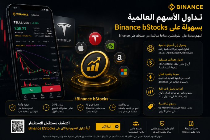 A Binance promotional advertisement in Arabic showcases the new Binance bStocks feature, displaying a smartphone screen with a TSLAB/USDT trading chart at $305.27, alongside icons for major companies like Tesla, Apple, and Amazon, highlighting 24/5 trading access, zero commissions, and up to 10x leverage. The ad aligns with the post's testimonial by emphasizing how seamlessly users can trade global stocks directly through the Binance platform.