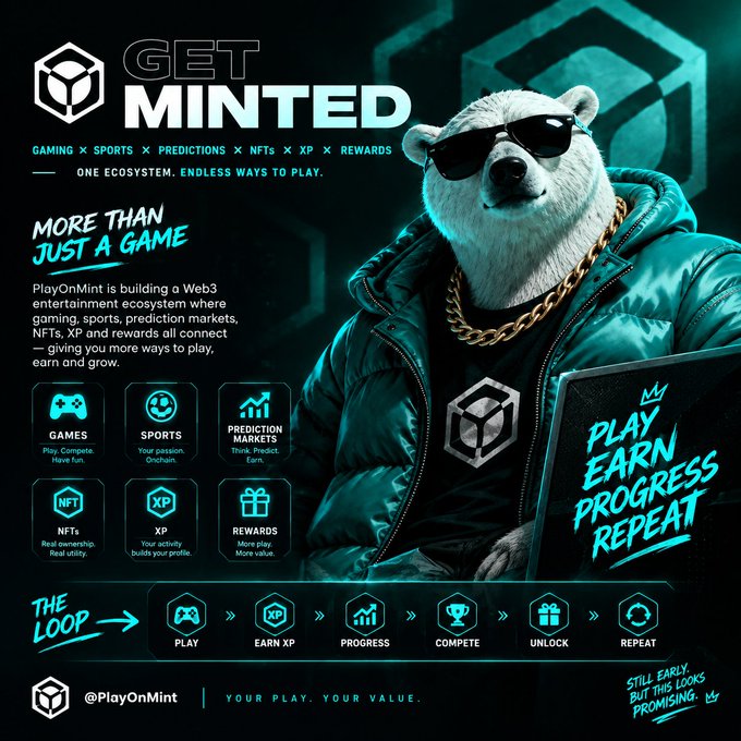 A promotional graphic for 'GET MINTED' by @PlayOnMint features a polar bear wearing sunglasses and a gold chain, advertising a Web3 entertainment ecosystem with categories for Games, Sports, Prediction Markets, NFTs, XP, and Rewards.