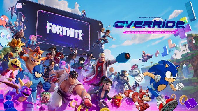 A colorful promotional banner for 'FORTNITE' Chapter 7 Season 1 titled 'OVERRIDE' with the tagline 'BREAK THE RULES / CHANGE THE GAME,' featuring characters like Sonic, Ryu, and various other gaming icons.