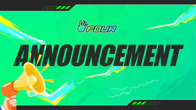 A bright green announcement banner with 'UFOUR' logo at the top and the word 'ANNOUNCEMENT' in bold black text, accompanied by a yellow megaphone graphic.