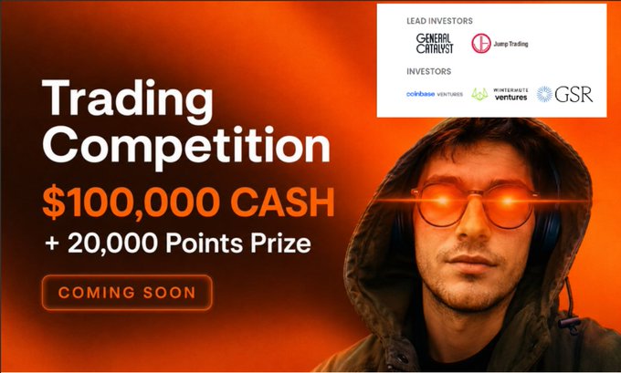 The image is a promotional banner for an upcoming trading competition featuring a hooded figure with glowing red sunglasses against an orange background, advertising a "$100,000 CASH + 20,000 Points Prize" with logos for lead investors (General Catalyst, Jump Trading) and investors (Coinbase Ventures, Wintermute Ventures, GSR) displayed in the top right corner. The banner visually reinforces the post's announcement of a $100K cash prize trading competition with Ostium, highlighting the platform's notable backing from top-tier VCs like General Catalyst, Jump Trading, and Coinbase Ventures.