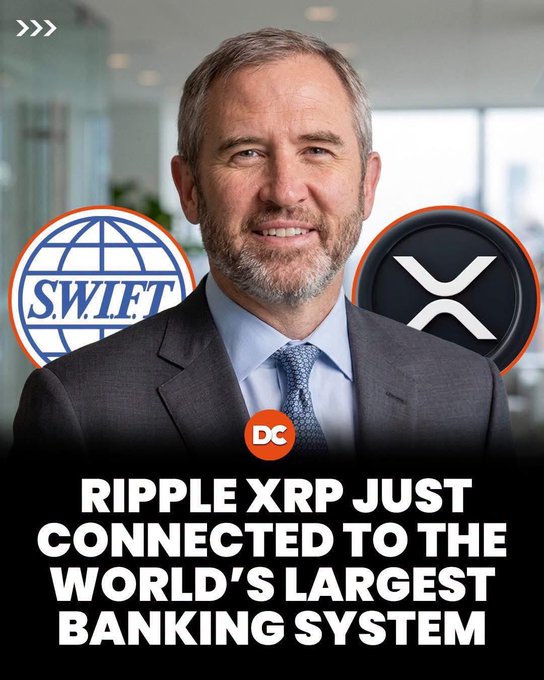 The image features a man in a suit alongside the SWIFT logo and Ripple XRP logo, with bold text reading "RIPPLE XRP JUST CONNECTED TO THE WORLD'S LARGEST BANKING SYSTEM." The visual reinforces the post's claim about Ripple Treasury's strategic partnerships with SWIFT and major banks, visually symbolizing the bridging of traditional banking infrastructure with blockchain technology.