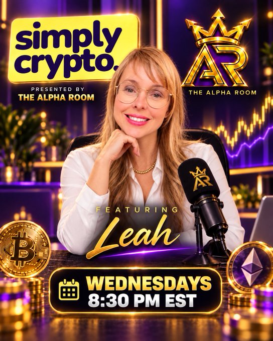 A promotional poster for a show called 'simply crypto,' presented by The Alpha Room, featuring a woman with glasses named 'Leah'. It advertises the show airing 'WEDNESDAYS 8:30 PM EST' with Bitcoin and Ethereum coin graphics on the sides.